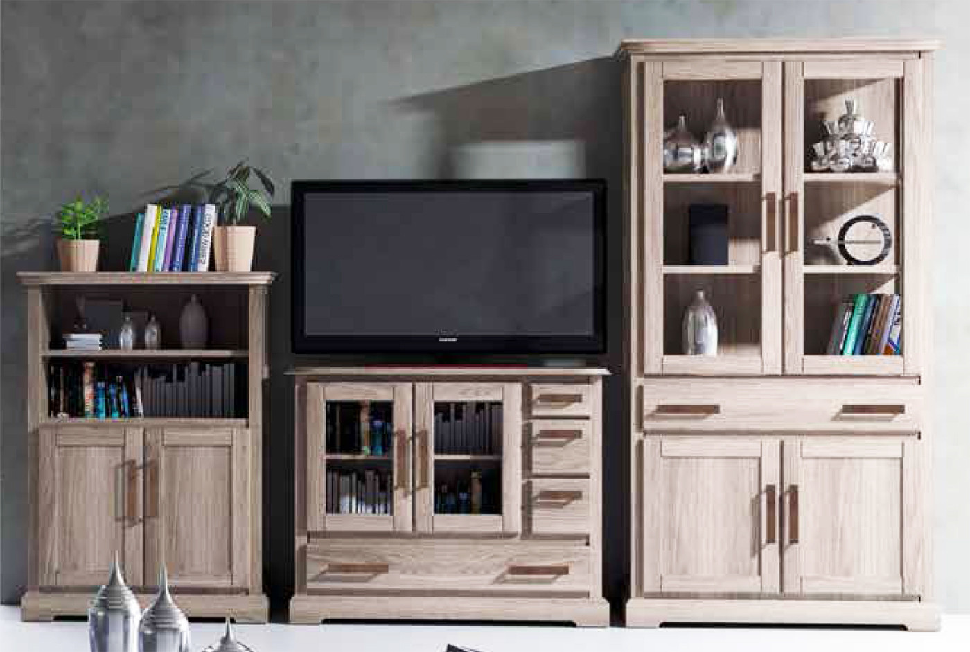 MUEBLES DE SALÓN CON VITRINA MADERA - PINO