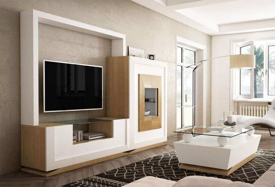 MUEBLES DE SALÓN DE DISEÑO CON MUEBLE TV Y VITRINA - ROBLE