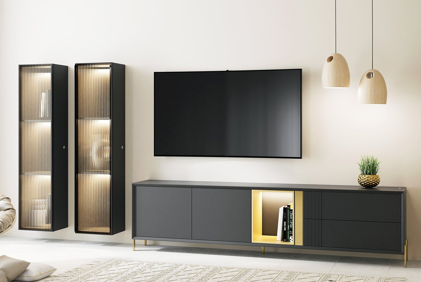 CONJUNTO DE MUEBLES SALÓN CON MUEBLE TV Y DOS VITRINAS FLOTANTES