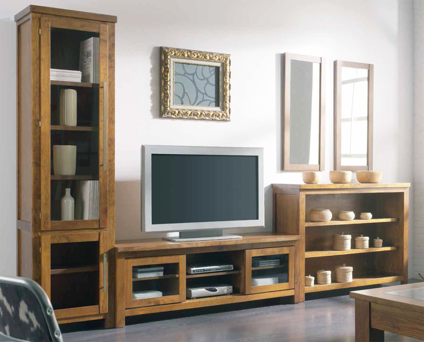 MUEBLES DE SALÓN CON VITRINA Y LIBRERO MADERA - PINO