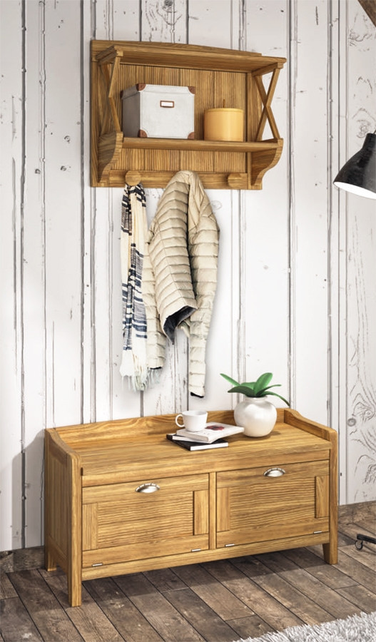 MUEBLE ENTRADA BAÚL DOS PUERTAS Y PERCHERO MADERA NATURAL