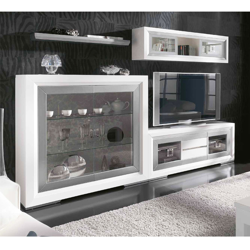 MOBILIARIO DE SALÓN CON VITRINA 2 PUERTAS CRISTAL - PINO