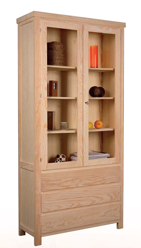 VITRINA DE MADERA CON 2 PUERTAS Y 3 CAJONES MADERA - PINO
