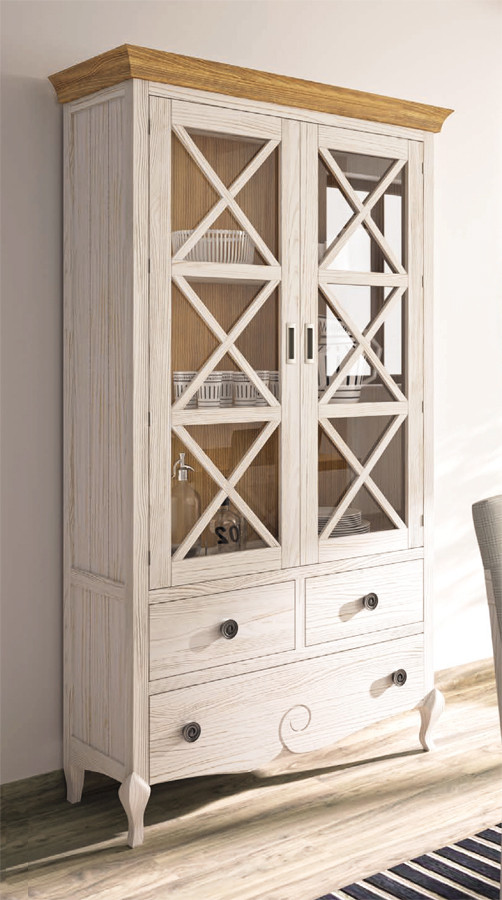 VITRINA VINTAGE CON 2 PUERTAS CON ASPAS Y 3 CAJONES MADERA PINO