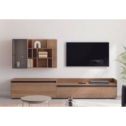 COMPOSICIÓN MODULAR PARA SALÓN CON PANEL DE ESTANTES Y VITRINA