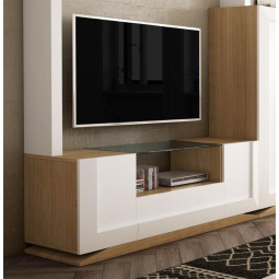 MUEBLE TELEVISIÓN 2 PUERTAS, CAJÓN Y TAPA DE CRISTAL - ROBLE