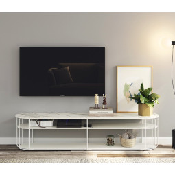 MESA TV DE DISEÑO ATEMPORAL CON ESTRUCTURA DE METAL Y ESTANTES