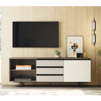 MUEBLE TV DE DISEÑO MODERNO CON CAJONES, PUERTA Y MÓDULO CON ESTANTE