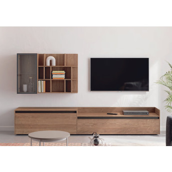 COMPOSICIÓN MODULAR PARA SALÓN CON PANEL DE ESTANTES Y VITRINA