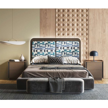 CONJUNTO DORMITORIO CABECERO TAPIZADO Y MESILLAS MADERA FRESNO