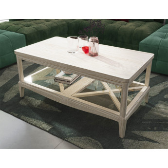 MESA DE CENTRO DE MADERA CON RESVISTERO CON ASPAS Y CRISTAL