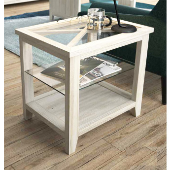MESA DE RINCÓN CON LA TAPA CON ASPA Y REVISTERO DE CRISTAL