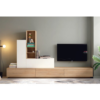 MUEBLE BAJO PARA TV CON TRES PUERTAS Y DOS COLUMNAS DE ALMACENAJE