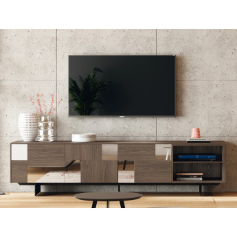 MUEBLE TV CON BASE METÁLICA Y PUERTAS DE MADERA CON ESPEJOS - DM