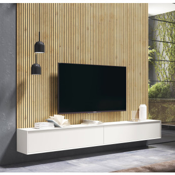 FUNCIONAL MUEBLE DE TV SUSPENDIDO Y CON PANELADO HASTA EL TECHO