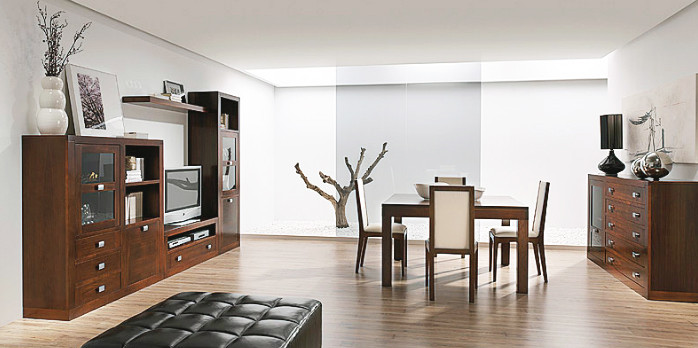 Muebles de Salón con Mesa y Aparador en Madera de Nogal