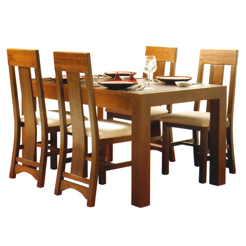Silla con asiento tapizado y respaldo de madera maciza.