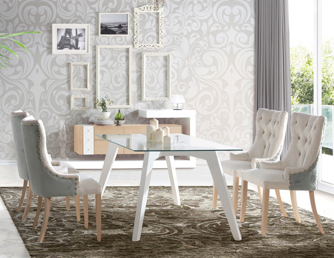 Mesa De Comedor De Diseno Con Patas De Madera Y Tapa De Cristal Templado