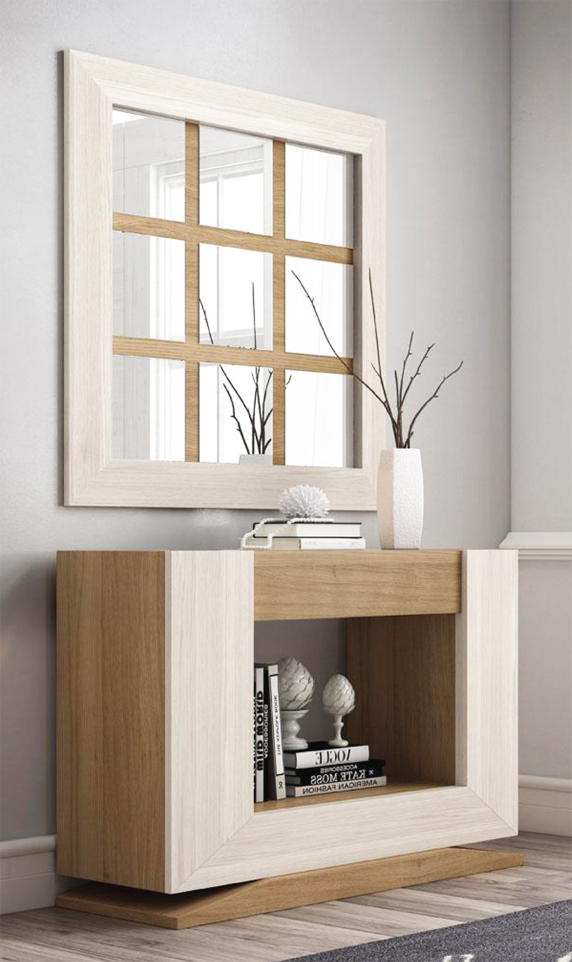 Mueble recibidor con cajón y espejo madera roble y blanca