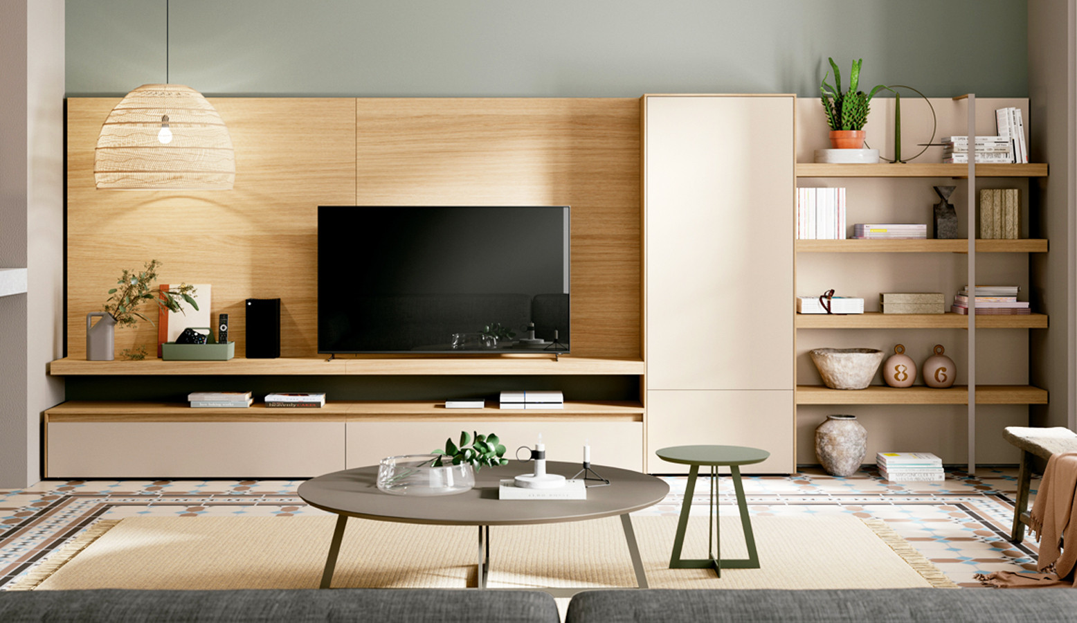 Mueble para salones comedores con vitrinas en vertical y módulo televisión  madera