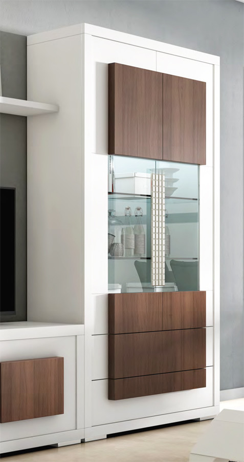 VITRINA DE MADERA con 2 cajones y 2 puertas con iluminación led, para